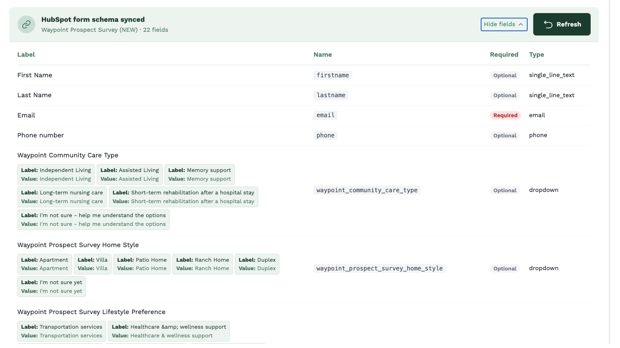 Mapping ProForm fields to HubSpot form fields in Waypoint Converts